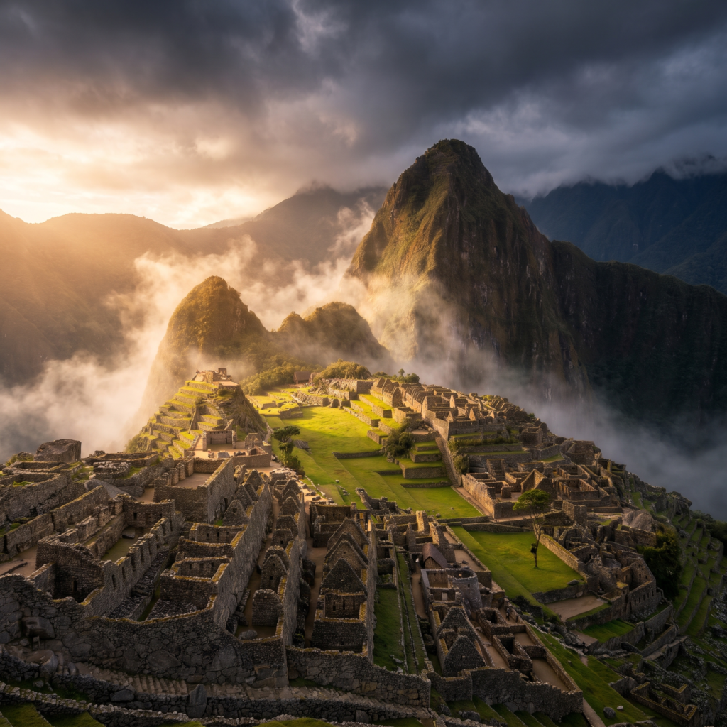 Ciudadela de Machu Picchu envuelta en neblina matutina entre montañas