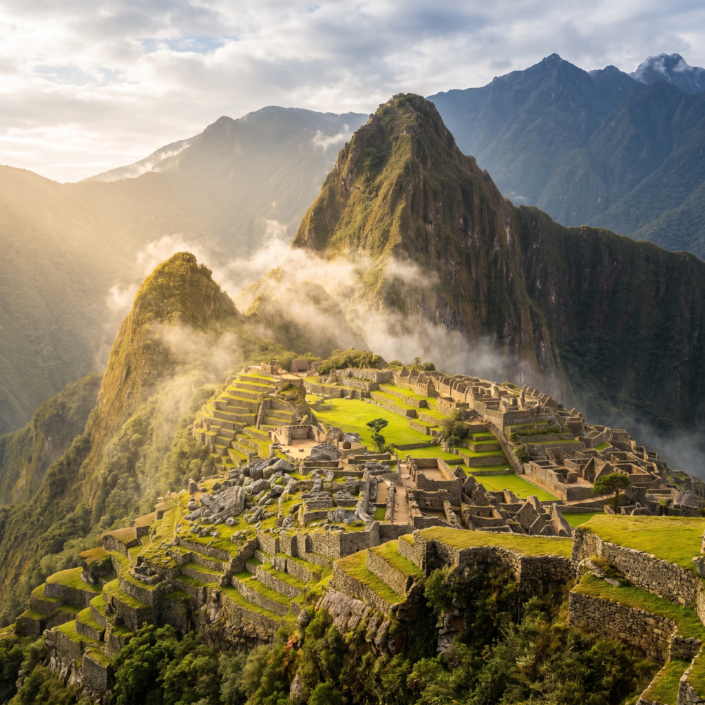 Vista panorámica de la ciudadela de Machu Picchu entre neblina al amanecer
