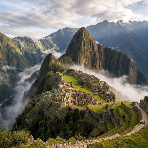 Vista aérea de Machu Picchu entre montañas y niebla al amanecer