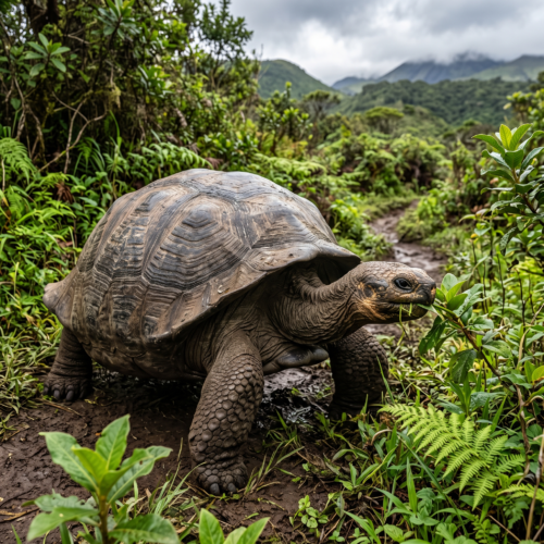 Tortuga gigante de Galápagos entre la vegetación, Ecuador