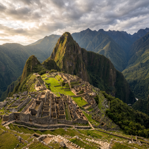 Vista panorámica de la ciudadela de Machu Picchu rodeada de montañas verdes