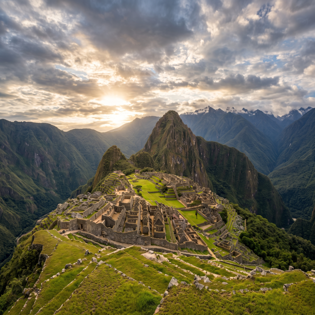 Terrazas verdes escalonadas de la ciudadela de Machu Picchu vistas desde lo alto