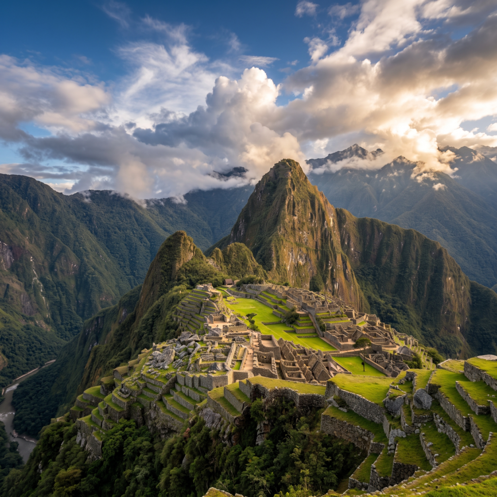 Vista panorámica de la ciudadela inca de Machu Picchu entre montañas verdes