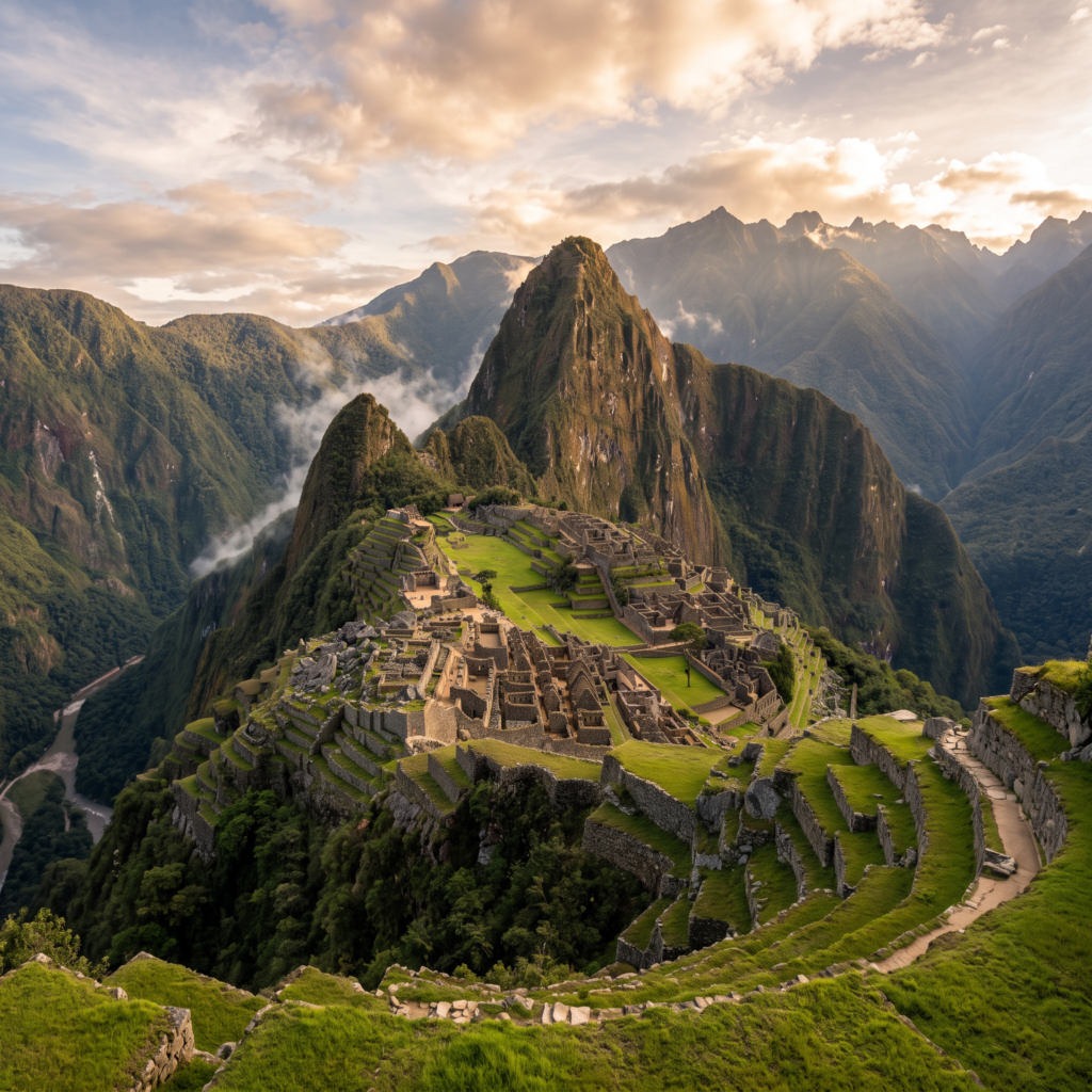 Vista panorámica de la ciudadela inca de Machu Picchu rodeada de montañas