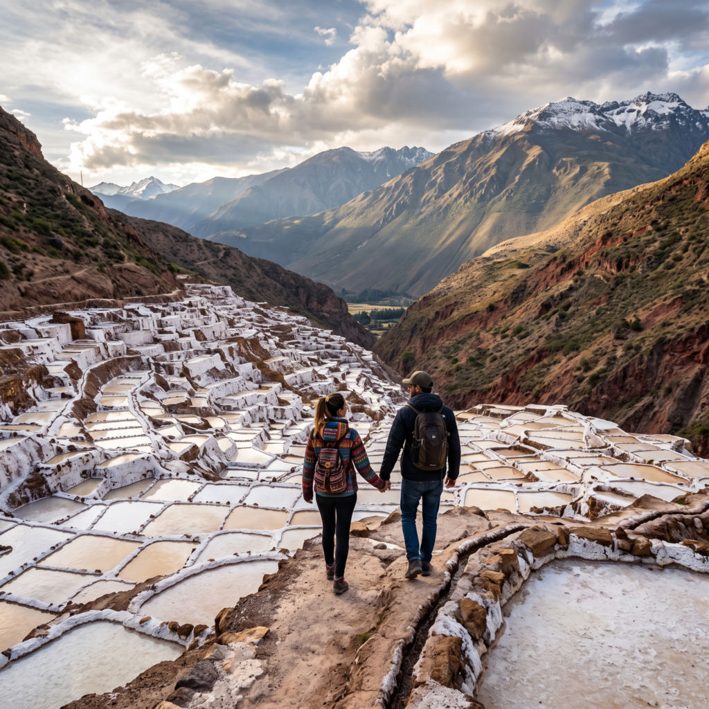 Dos caminantes recorriendo un sendero de montaña nevado en los Andes