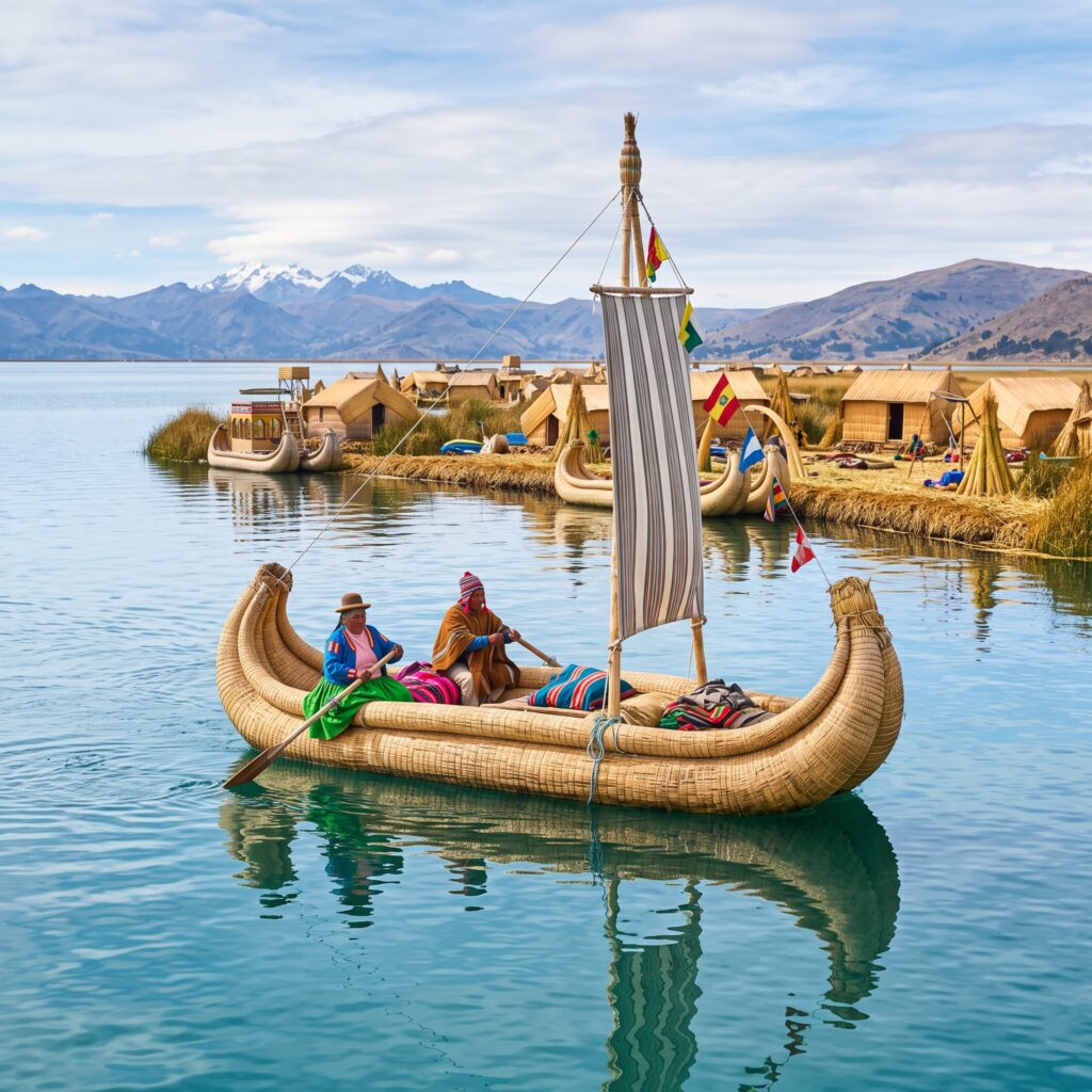 Embarcación tradicional de totora navegando en el lago Titicaca, entre Perú y Bolivia
