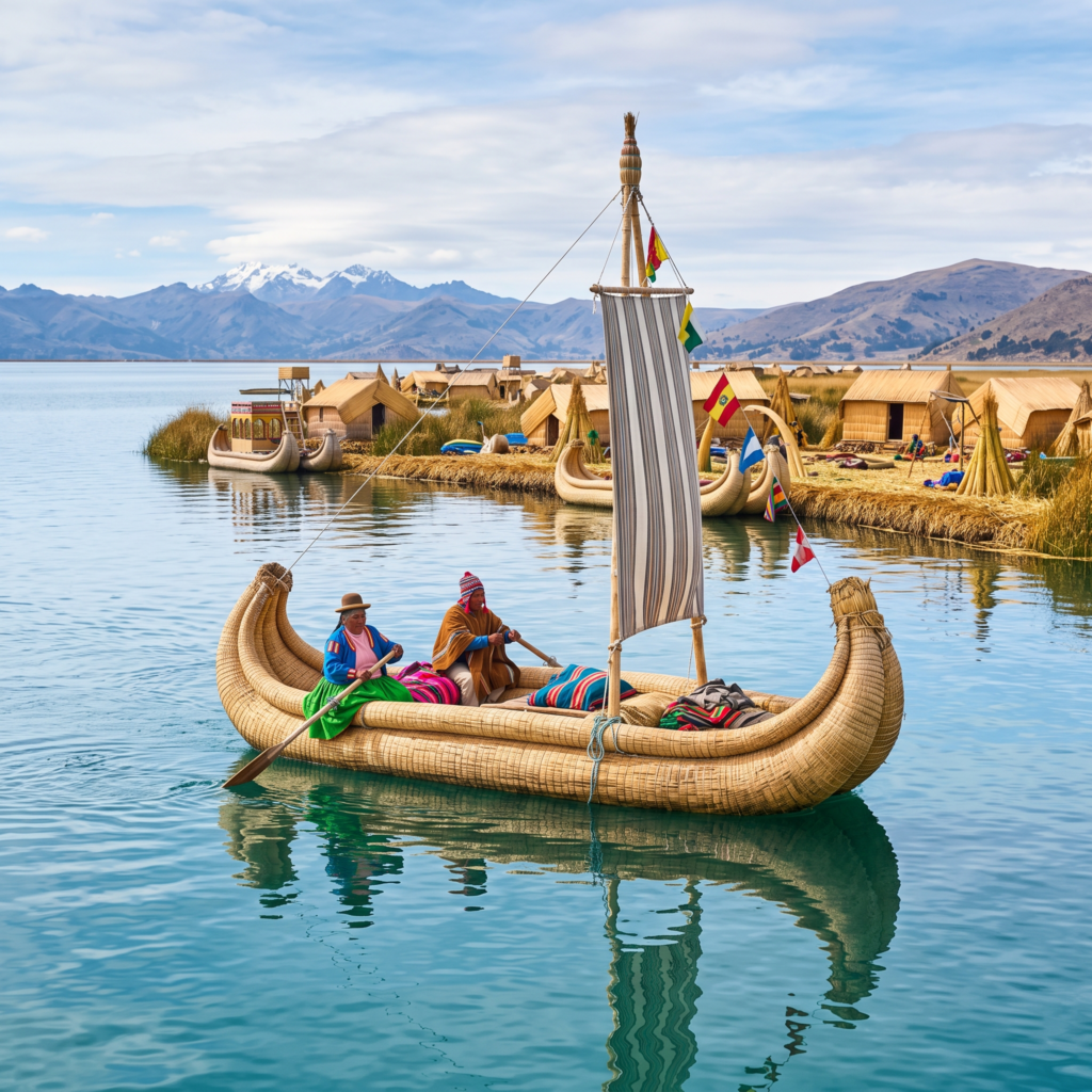 Embarcación tradicional de totora navegando en el lago Titicaca, entre Perú y Bolivia