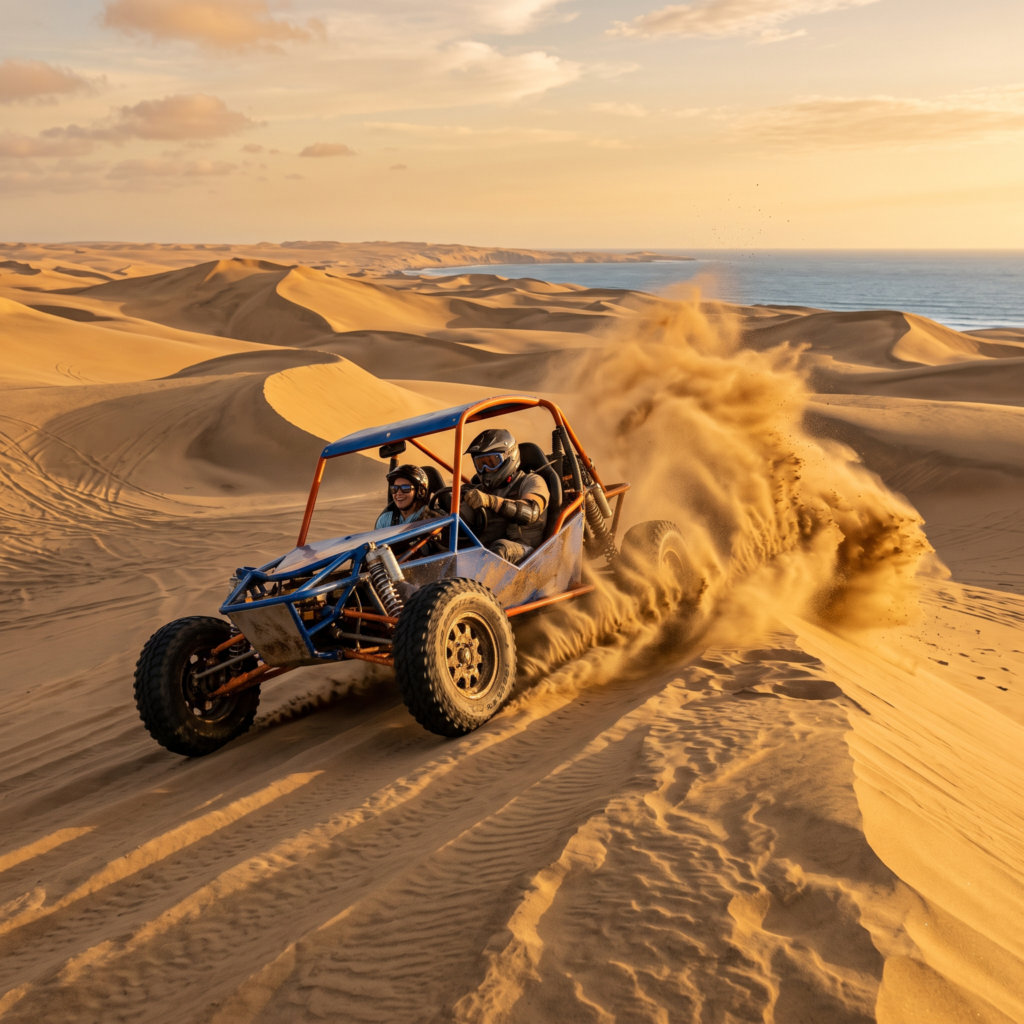 Buggy todoterreno recorriendo las dunas doradas del desierto de Ica