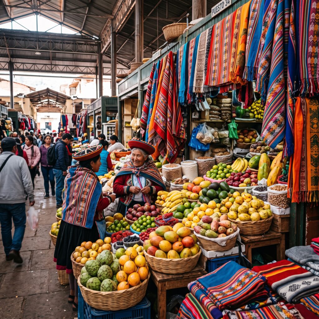 Puesto de mercado con textiles y artesanías de colores en un pueblo andino de Perú