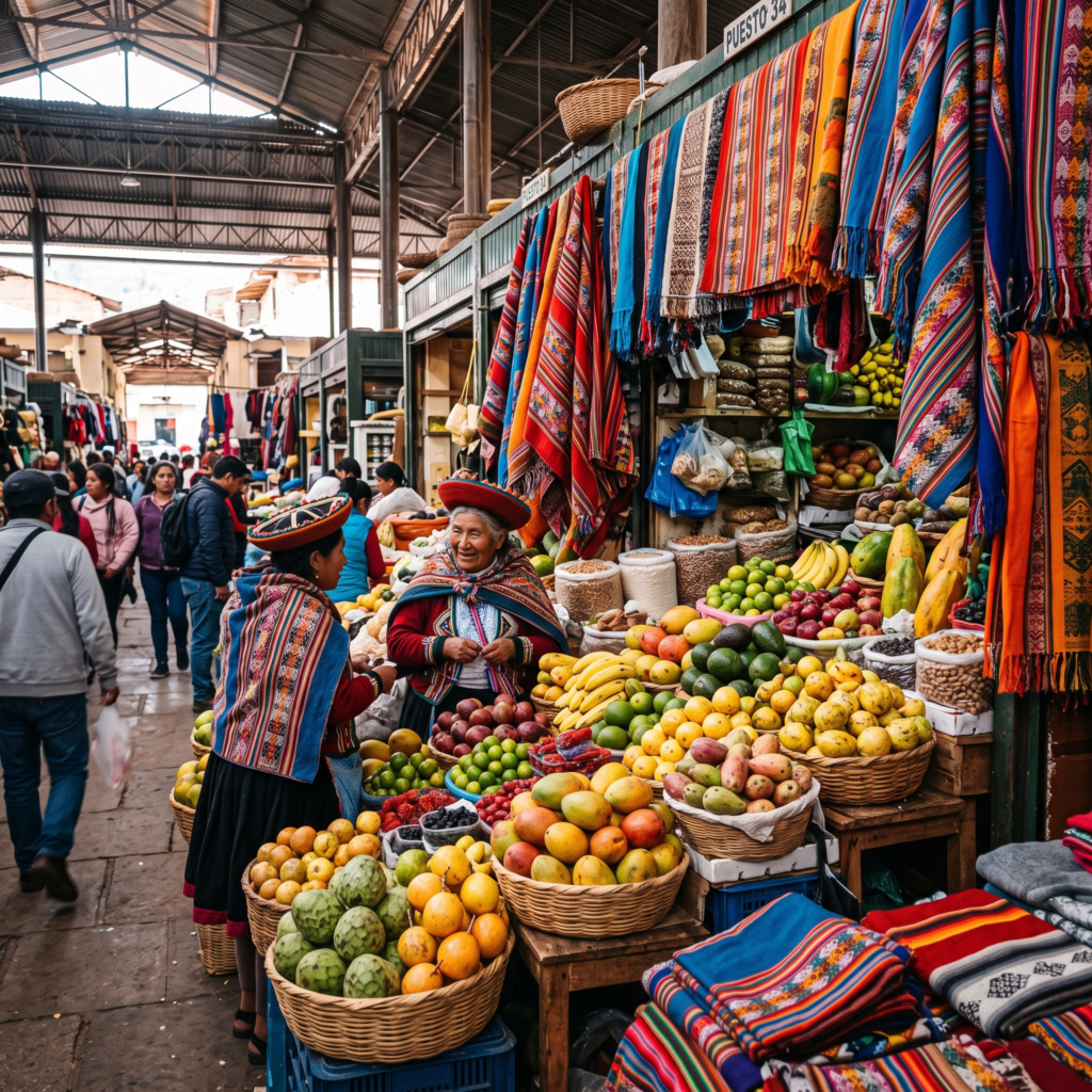Puesto de mercado con textiles y artesanías de colores en un pueblo andino de Perú