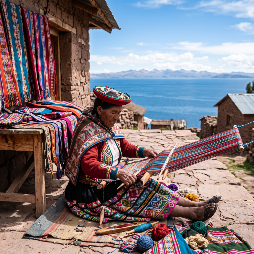 Puesto de mercado con textiles andinos de colores vivos junto a un lago