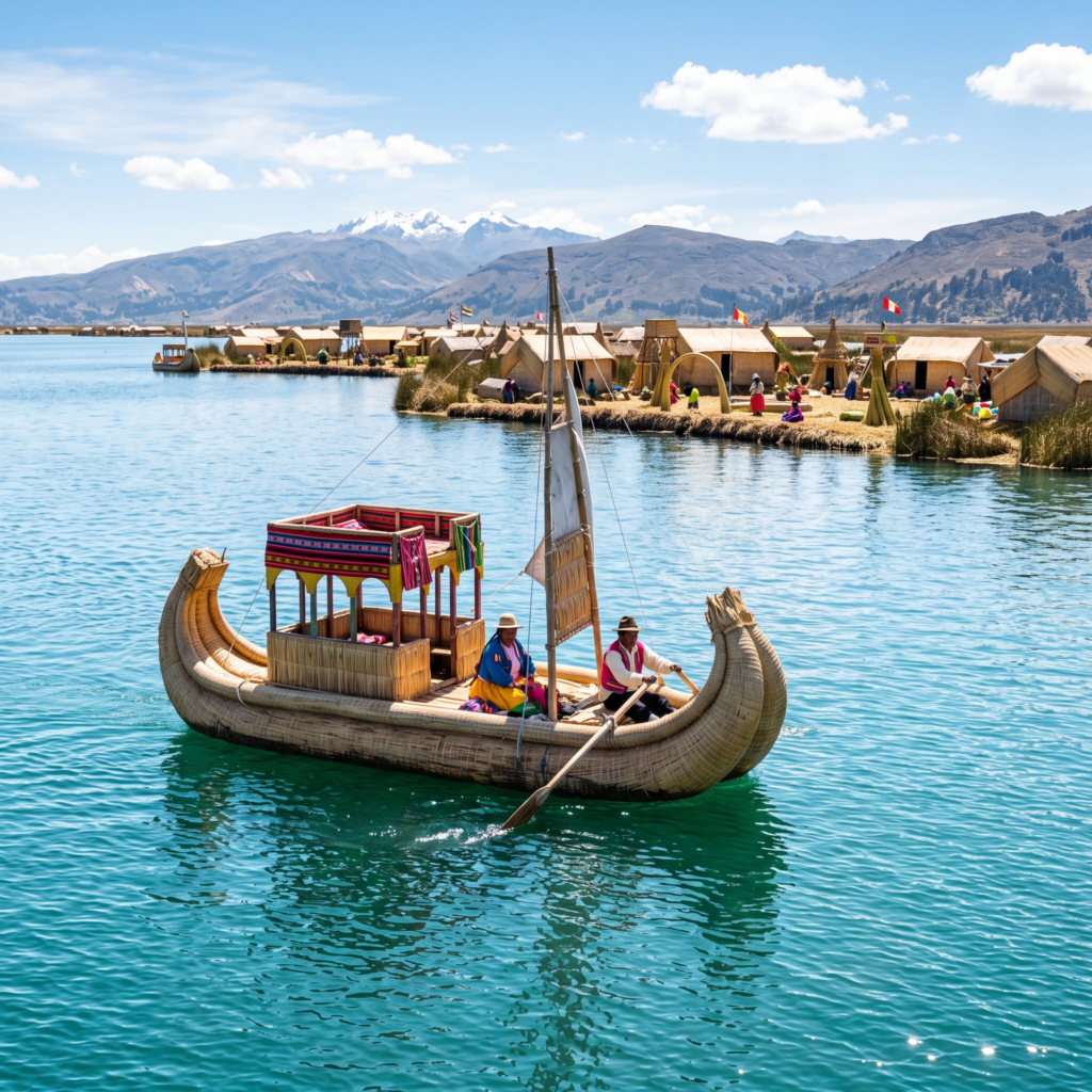 Embarcación tradicional de totora navegando en las aguas del lago Titicaca