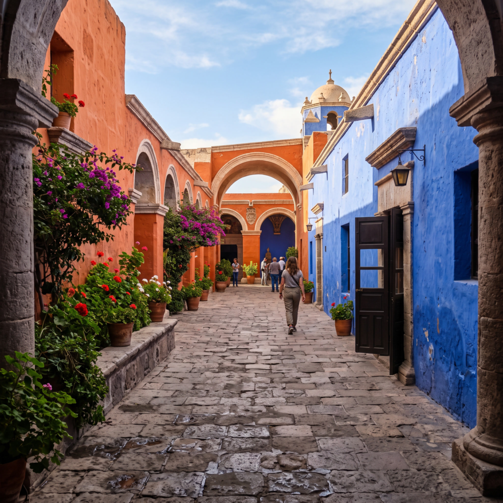 Calle empedrada de un pueblo andino con casas coloridas de azul y blanco