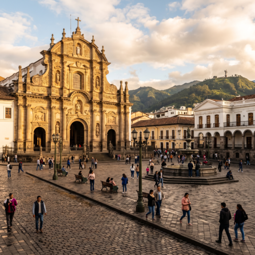 Plaza colonial con iglesia histórica en el centro de Quito, Ecuador