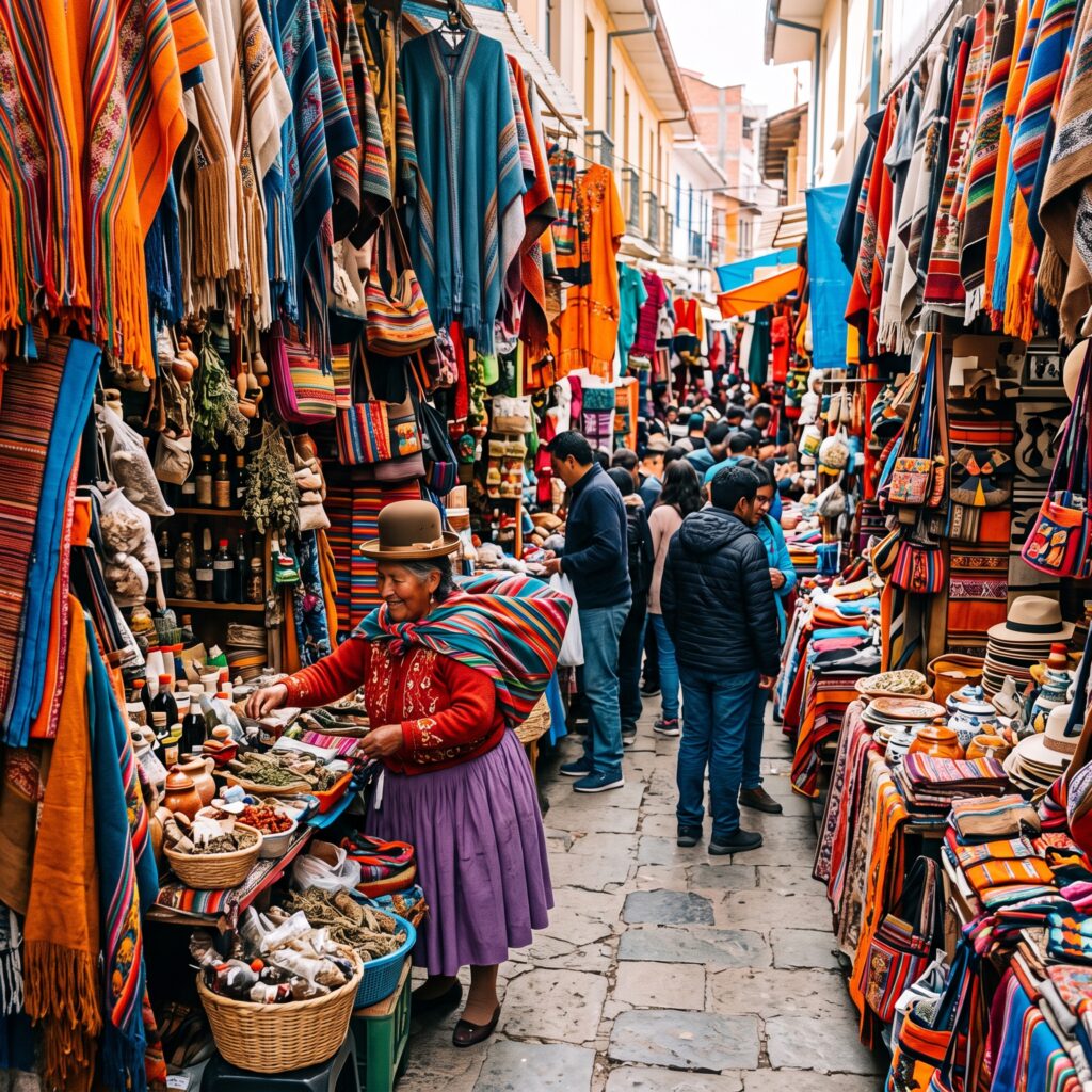 Puesto de mercado con textiles y artesanías andinas de vivos colores