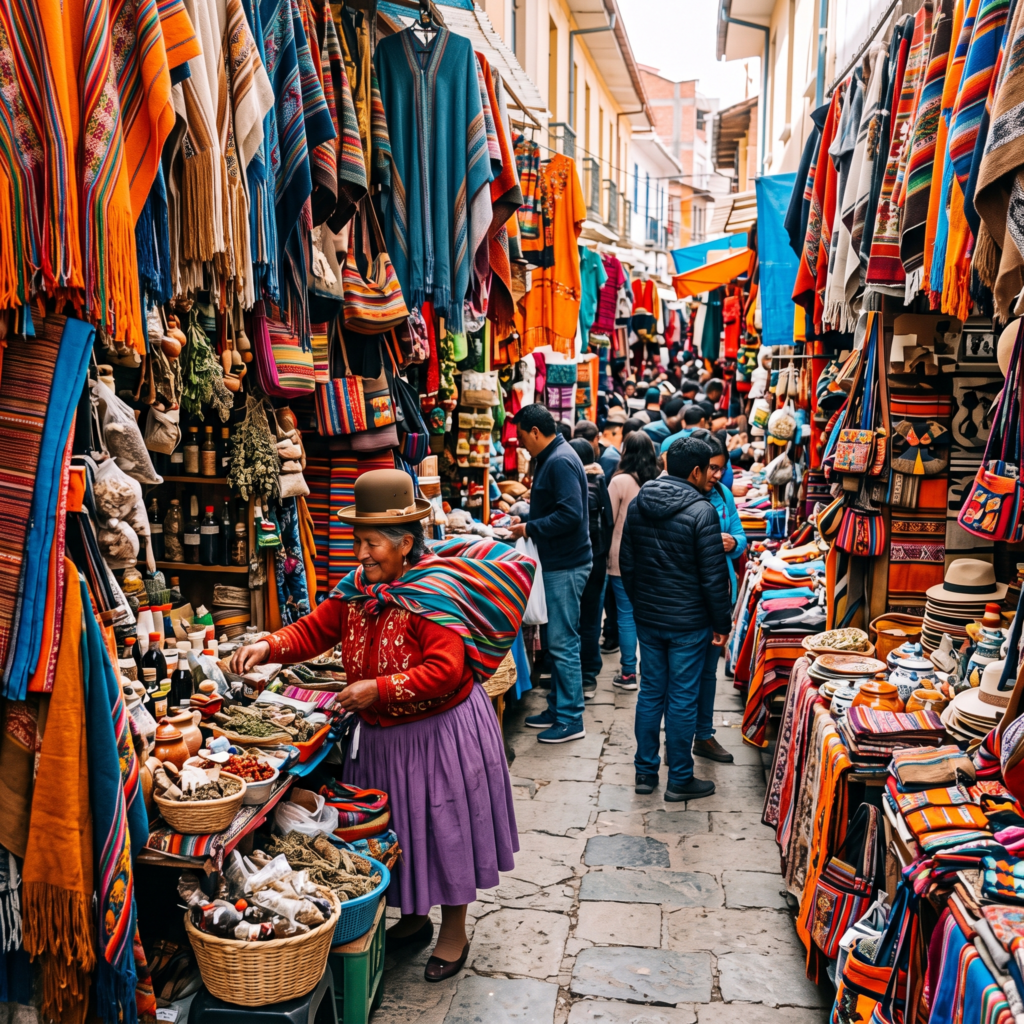 Puesto de mercado con textiles y artesanías andinas de vivos colores