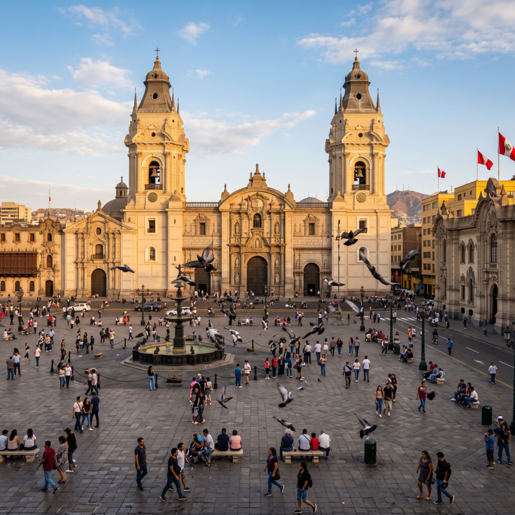 Iglesia colonial de piedra blanca en una plaza histórica peruana