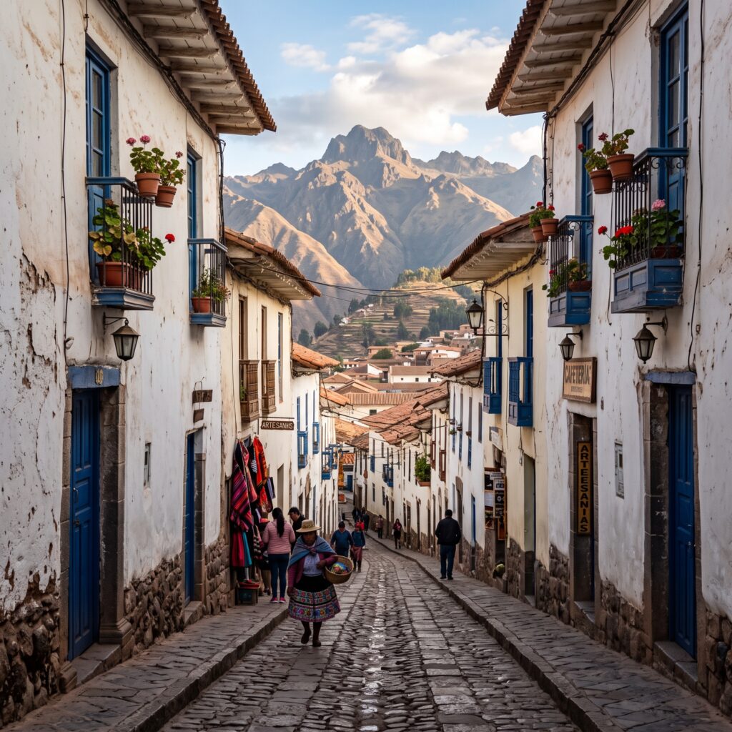Vista aérea de terrazas agrícolas incas escalonadas en un valle andino