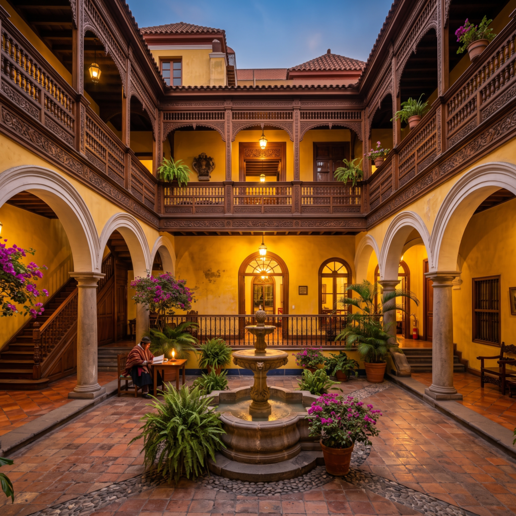 Patio de un edificio colonial con arcos de piedra iluminado por la noche