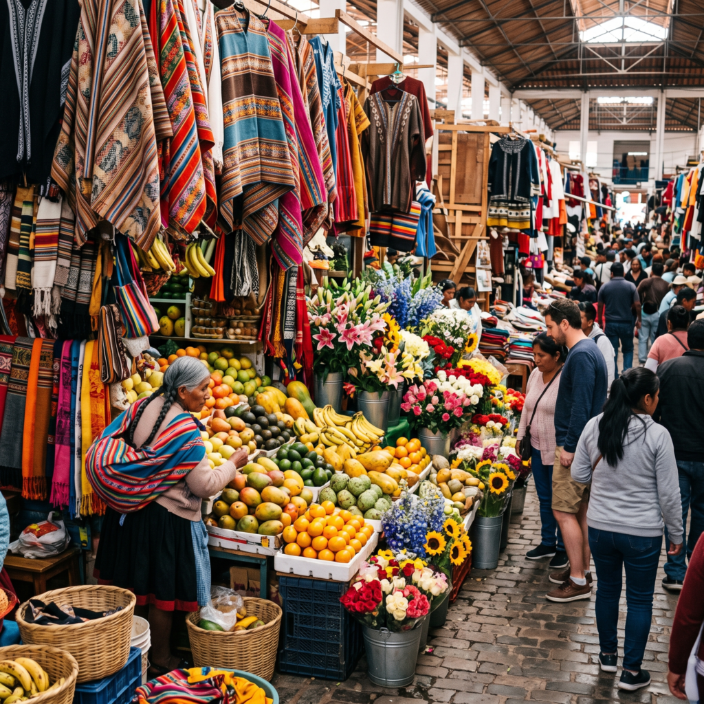 Puesto de mercado con textiles y artesanías andinas de colores vivos