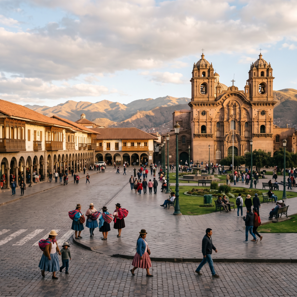 Plaza principal de una ciudad colonial andina con su catedral de piedra