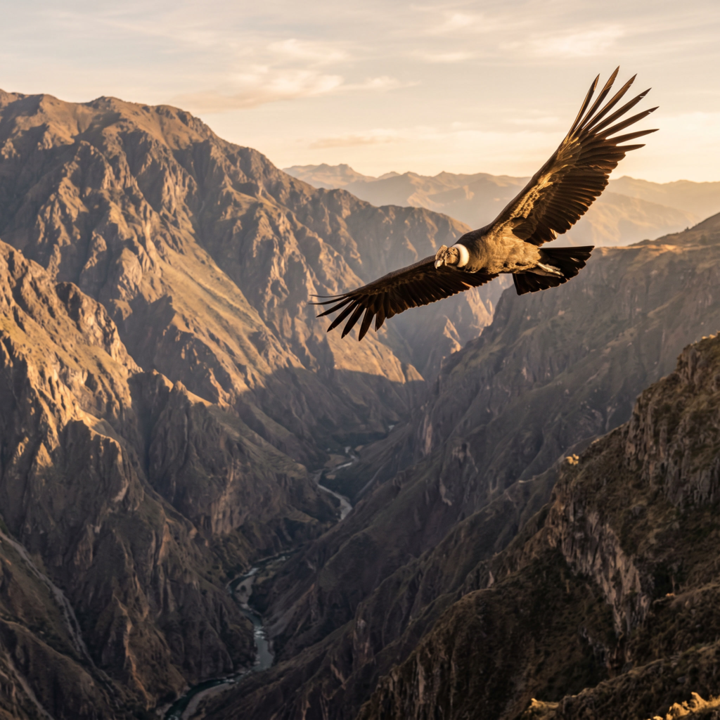 Vista aérea de terrazas agrícolas y caminos serpenteantes en el Cañón del Colca al atardecer