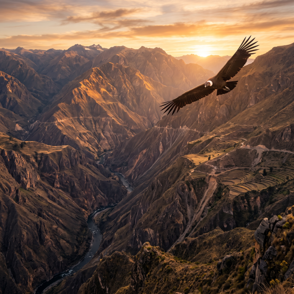 Cóndor andino volando sobre el Cañón del Colca en Perú