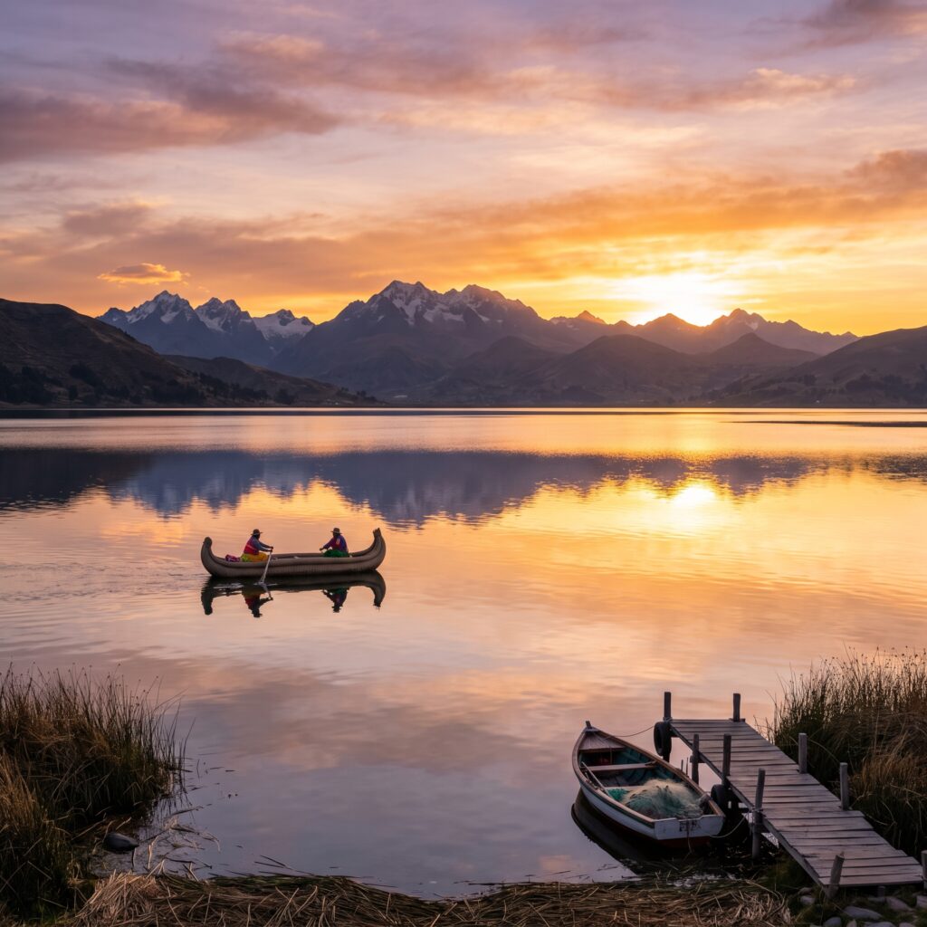 Atardecer dorado reflejado en las aguas tranquilas de un lago andino