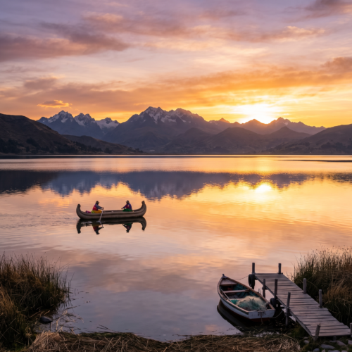 Atardecer dorado reflejado en las aguas tranquilas de un lago andino