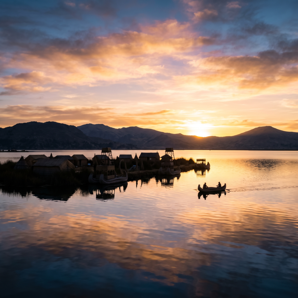 Atardecer reflejado en las tranquilas aguas de un lago andino