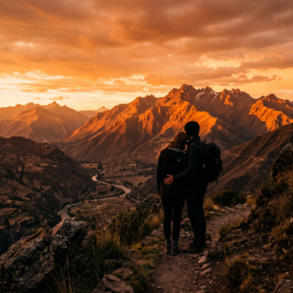 Silueta de un caminante recorriendo un sendero de montaña al atardecer
