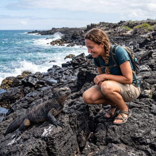 Viajero fotografiando fauna en la costa volcánica de las Islas Galápagos