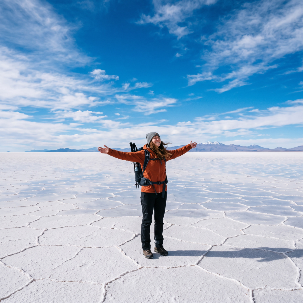 Viajero saltando con los brazos abiertos sobre la superficie blanca del Salar de Uyuni