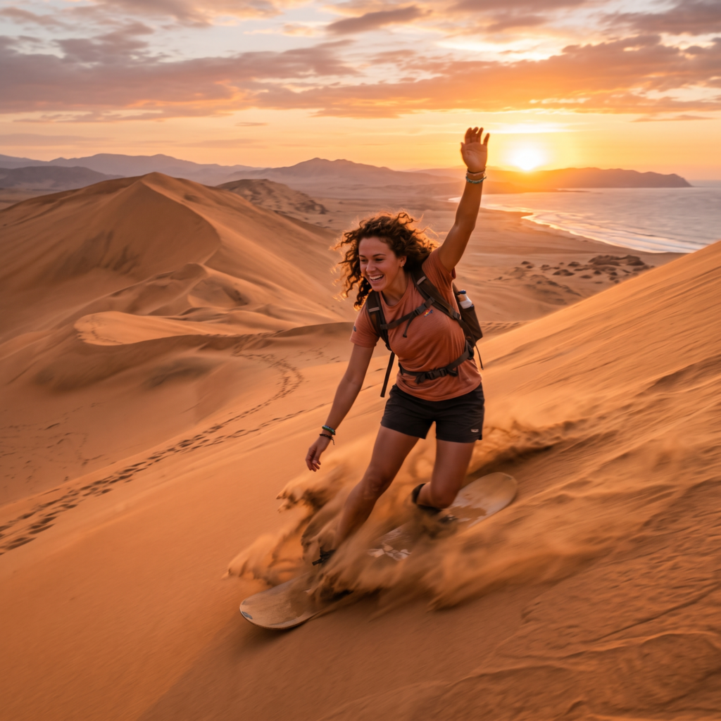 Viajero corriendo sobre una duna de arena al atardecer en Huacachina