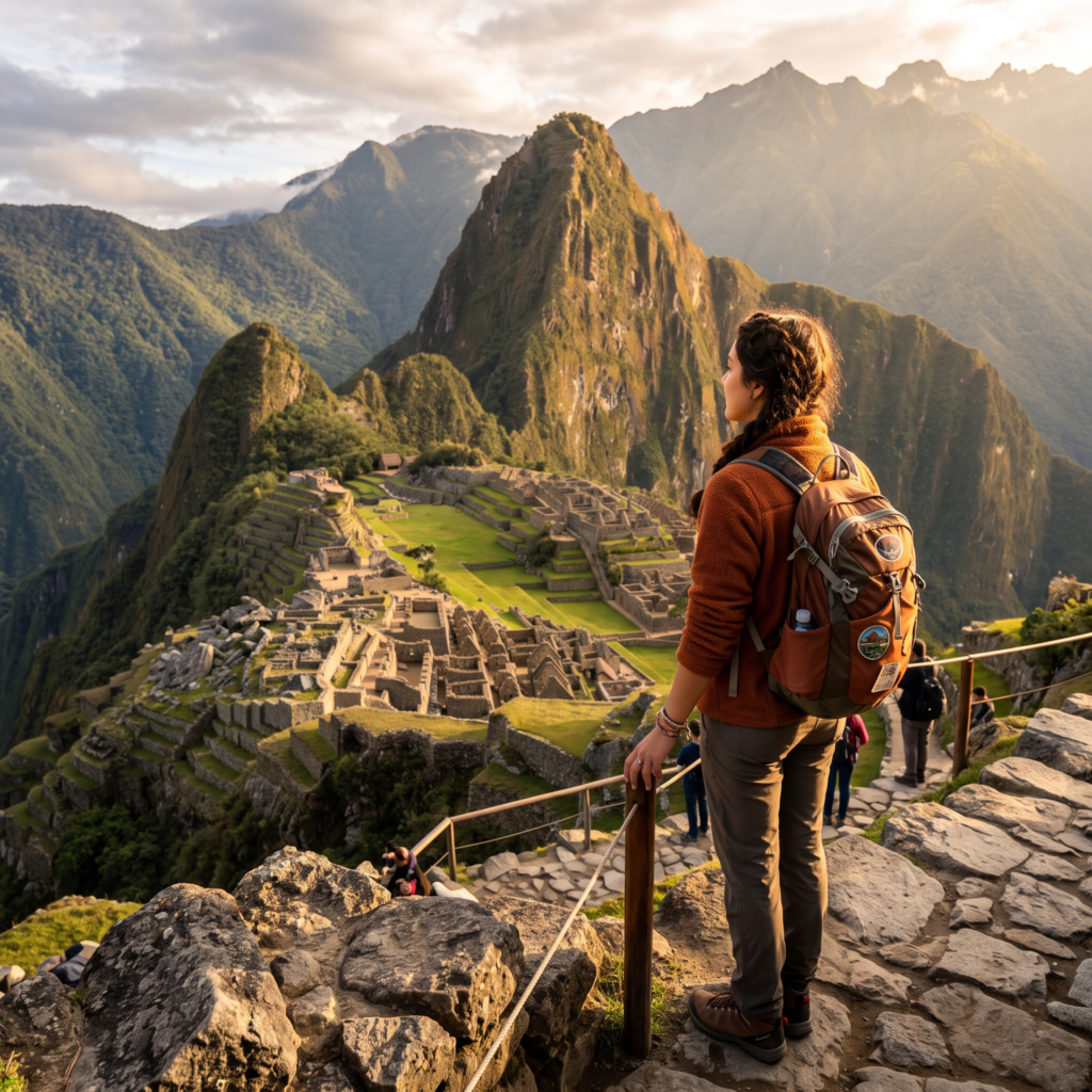 Viajero contemplando unas ruinas incas desde un mirador elevado