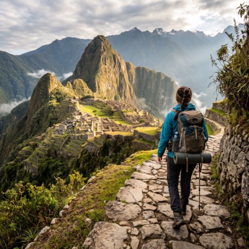 Viajero con los brazos abiertos en un sendero de montaña con Machu Picchu al fondo