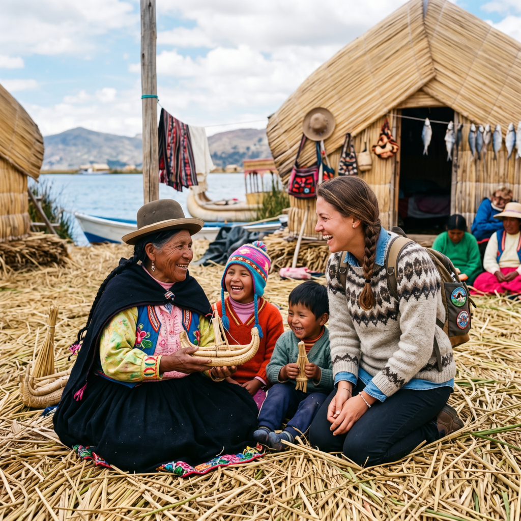 Viajeros compartiendo un momento con una familia local peruana al aire libre