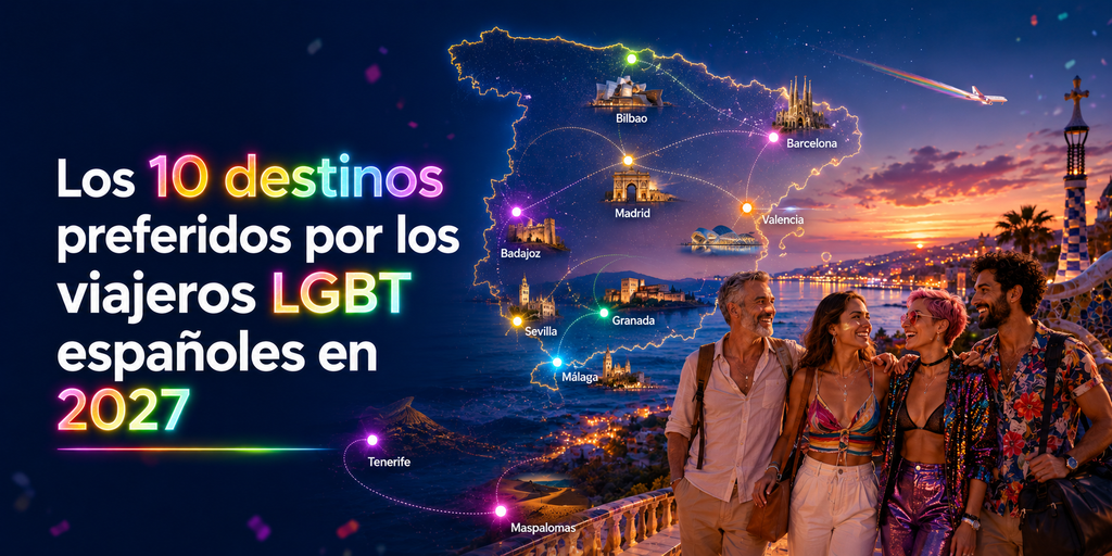 Mapa de España con los 10 destinos LGBT más populares para viajar en 2027: Madrid, Barcelona, Valencia, Bilbao, Málaga, Sevilla, Granada, Maspalomas, Tenerife y Badajoz