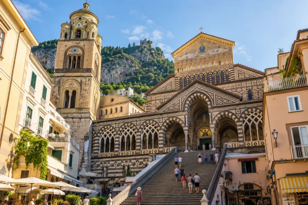 Escalinata y fachada de la catedral de San Andrés en Amalfi