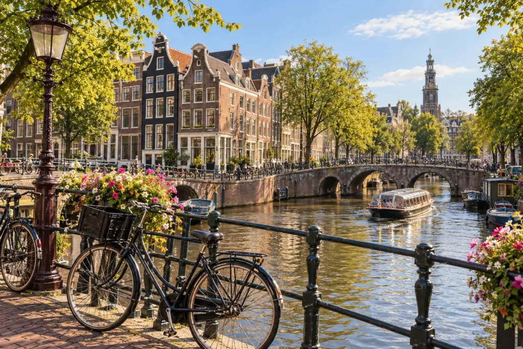 Canales y casas tradicionales de Ámsterdam Casas estrechas, bicicletas y puentes junto a un canal de Ámsterdam.