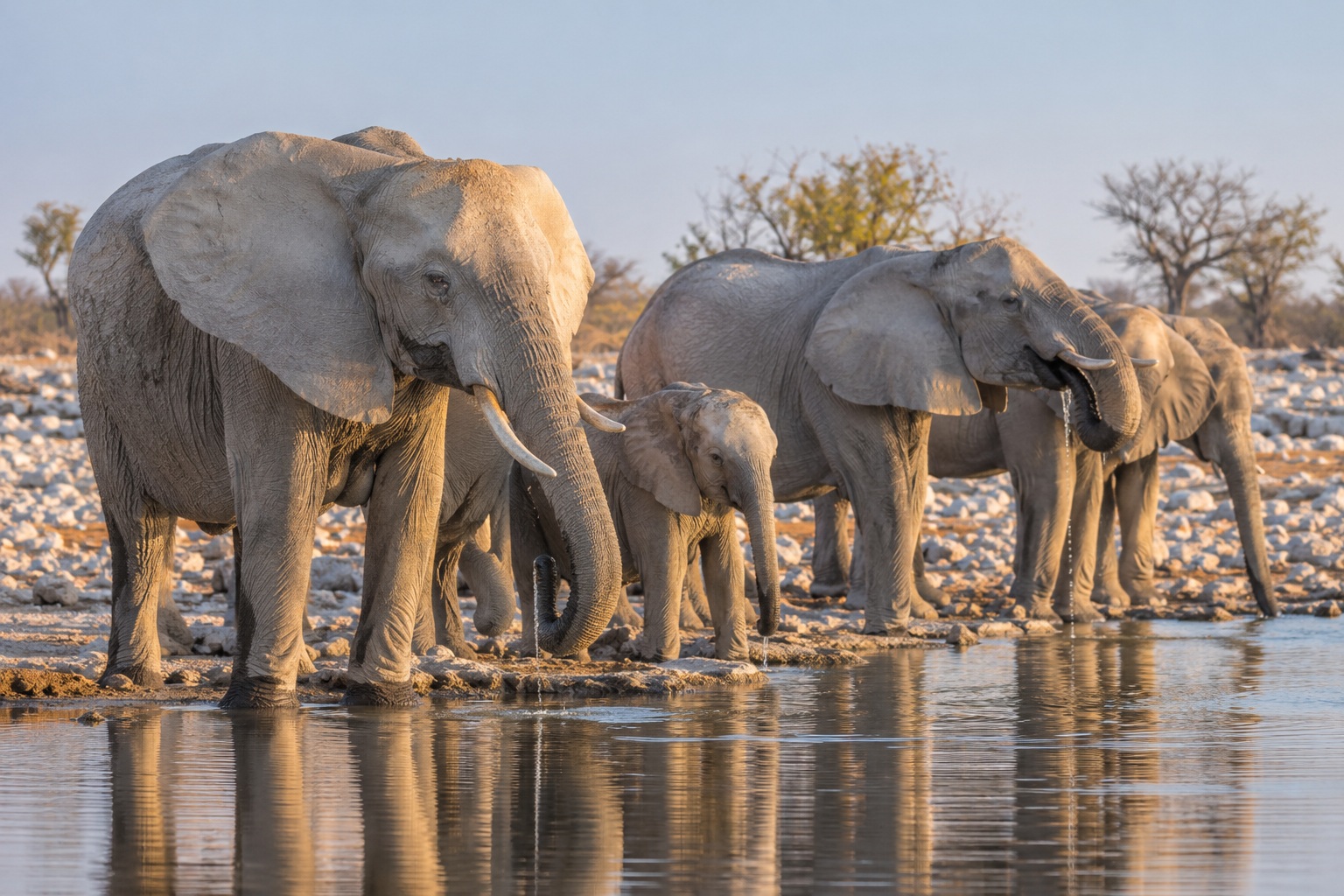 Elefantes junto a una charca en Etosha - Bellezas de Namibia
