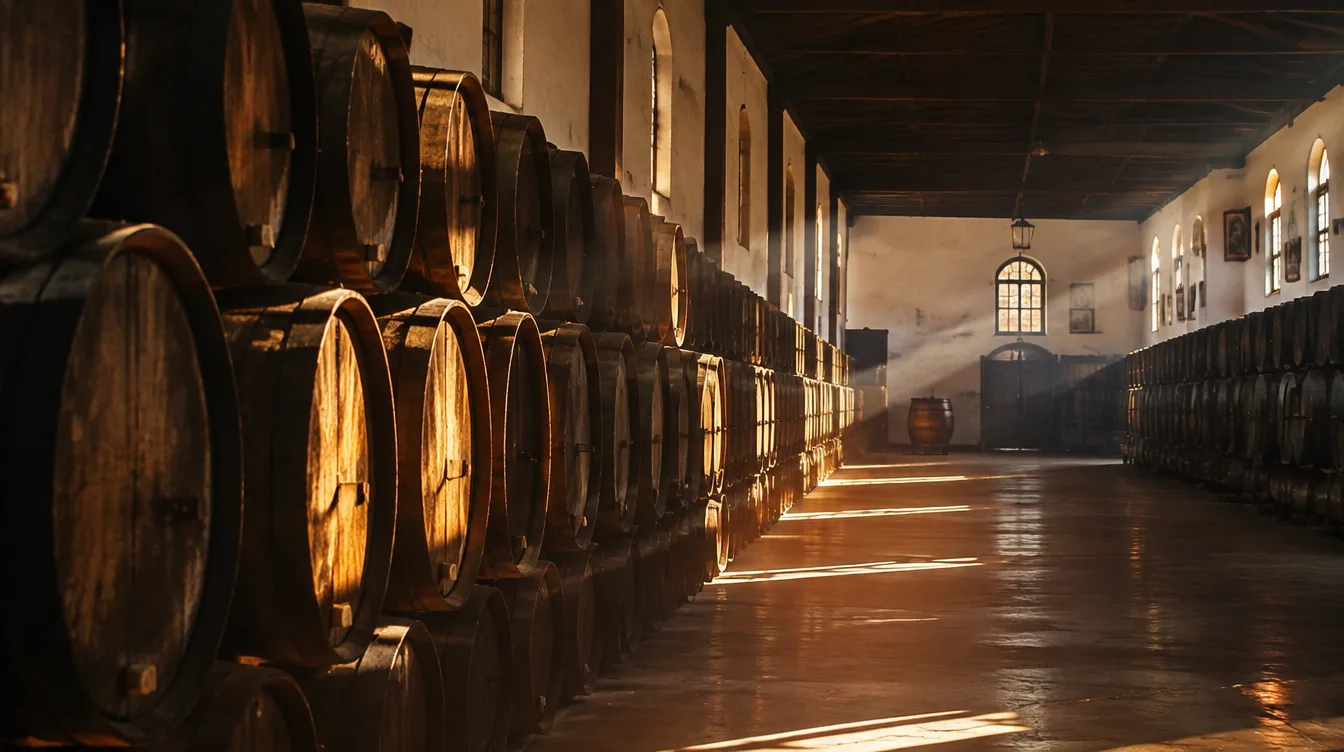 Bodega tradicional de vino de Jerez con barricas de roble