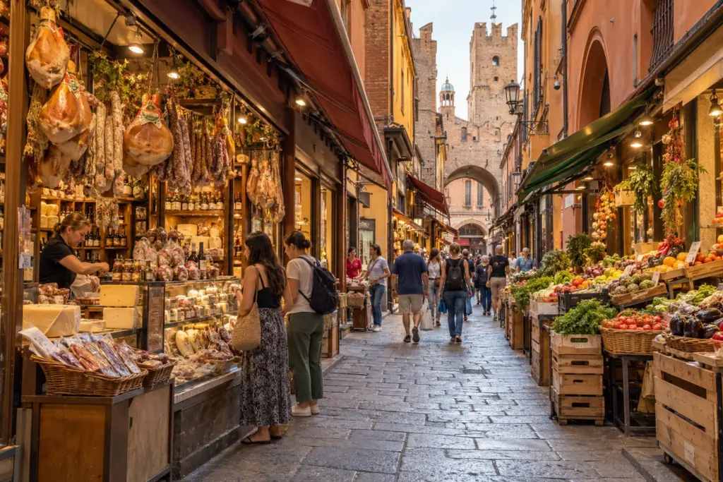 Puestos tradicionales del mercado del Quadrilatero en Bolonia