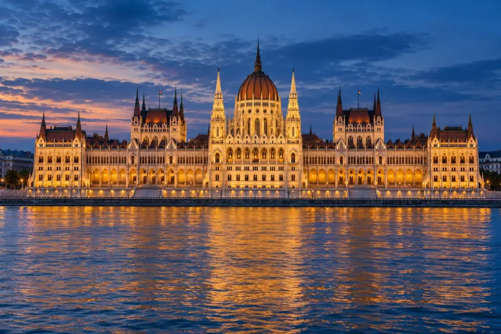 Parlamento de Budapest junto al Danubio Parlamento de Hungría iluminado a orillas del Danubio en Budapest.