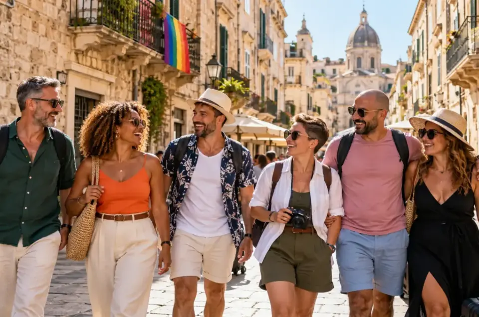 Grupo de amigos paseando por una calle europea con una bandera arcoíris en un balcón.