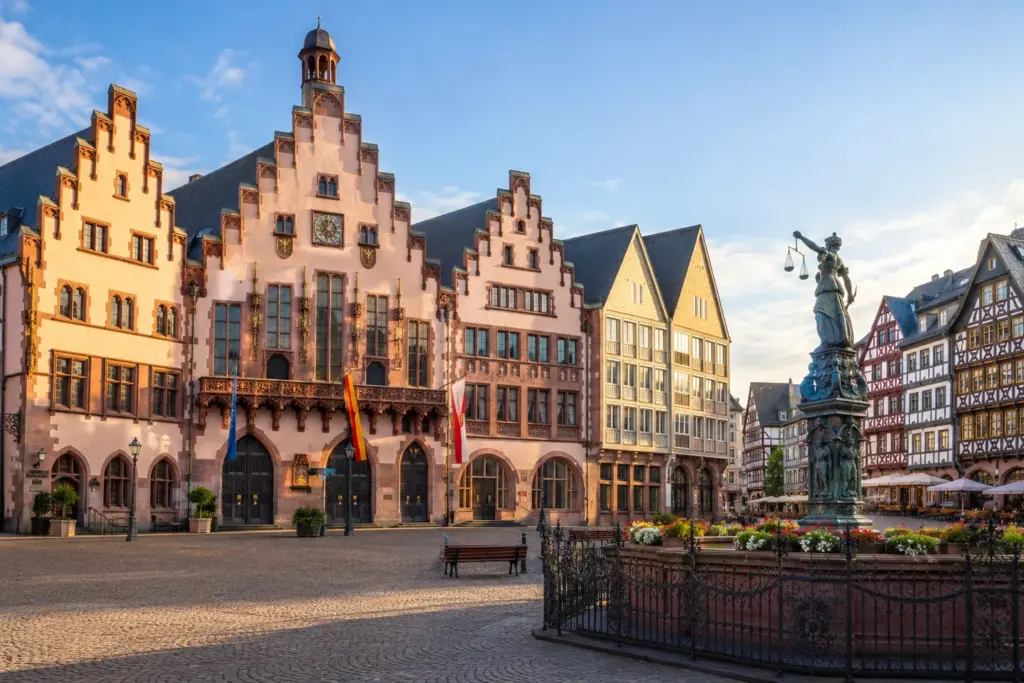 Plaza del Römer en Frankfurt Casas de entramado y fachadas históricas en el Römerberg de Frankfurt, durante el viaje Encantos del Norte de Alemania.