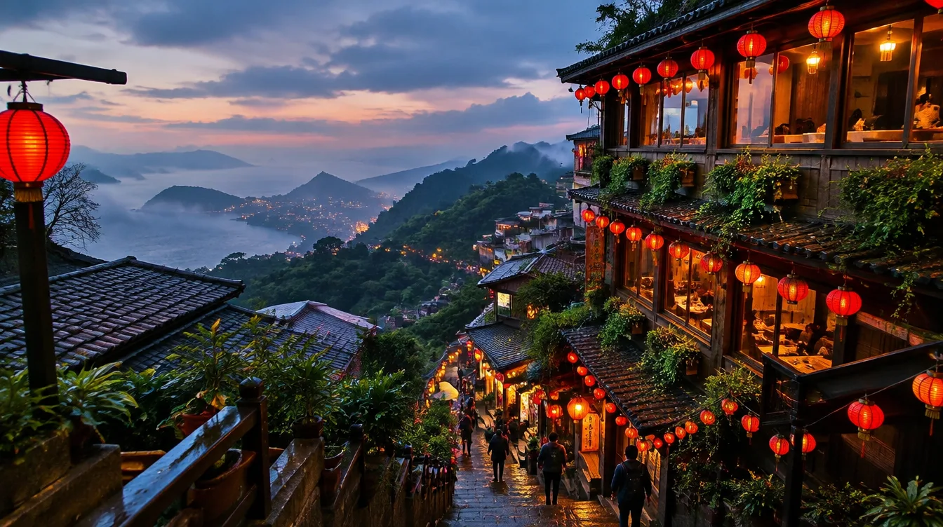 Pueblo de Jiufen con farolillos rojos en las montañas cercanas a Taipéi