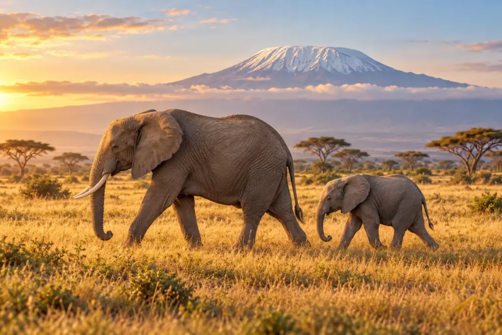 Elefanta y su cría caminando por la sabana de Amboseli con el Kilimanjaro nevado al fondo.