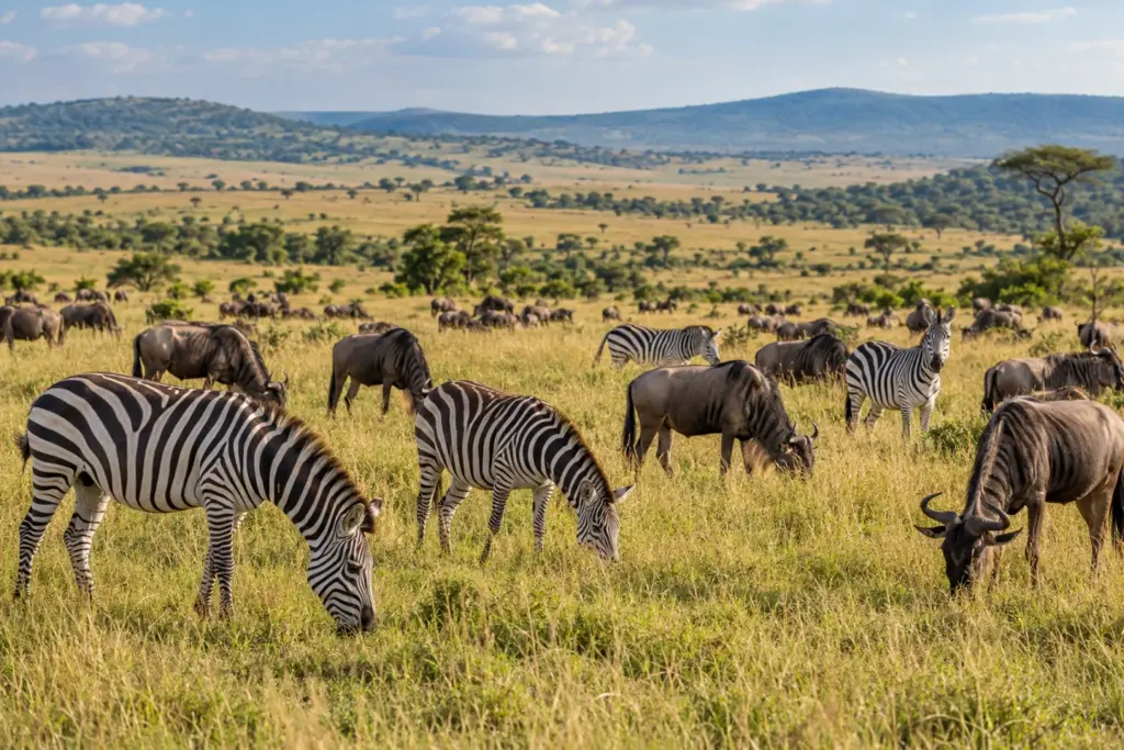 Cebras y ñus en Maasai Mara Cebras y ñus pastando en las llanuras de la reserva.