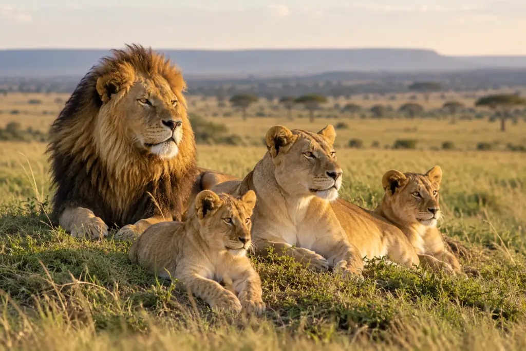 Leones en un safari por Maasai Mara Grupo de leones descansando en la sabana.